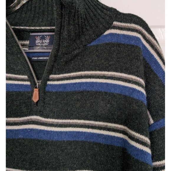 Paul Kehl Lambswool Stripe Sweater Mens Size XL Green 1/4 Zip Mock Neck Pullover - Picture 2 of 9